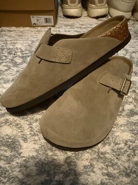 Slip-On Suede Mule in Taupe with Buckle